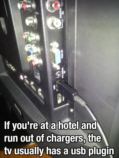 Use the USB port on the tv set at your hotel to charge your phone or camera