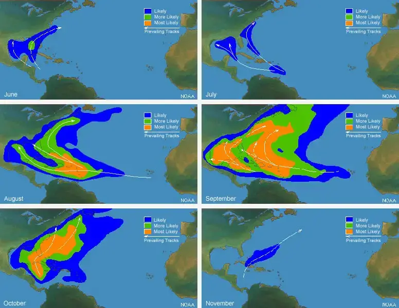 Maps of likely hurricane tracks in the caribbean by month