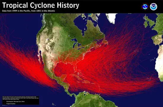 Mapa de las trayectorias históricas de los ciclones tropicales
