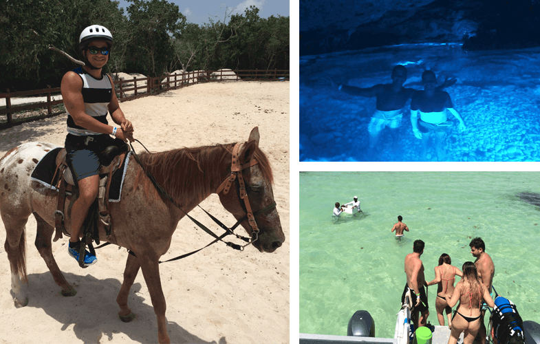 Ari riding a horse, Ari and Jhon at the Las Ondas cenote and people getting off a boat into the beach